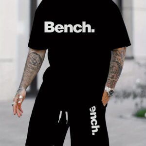 Digital Print Bench. Men's Summer Pattern Casual Two-Piece Set, Round Neck Short Sleeve T-Shirt and Drawstring Shorts with Pockets, Knit, Slight Stretch, Regular Fit Outdoor Sports Suit