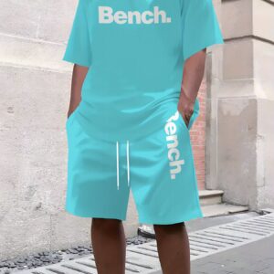 Digital Print Bench. Men's Summer Pattern Casual Two-Piece Set, Round Neck Short Sleeve T-Shirt and Drawstring Shorts with Pockets, Knit, Slight Stretch, Regular Fit Outdoor Sports Suit