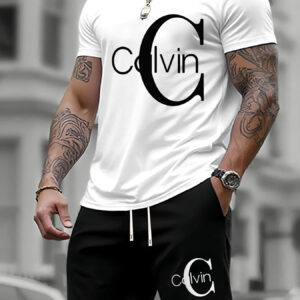 Men'S Summer T-Shirt Two-Piece Set with Calvin Print, Men'S Fashion Casual Short Sleeve Trendy Sweatshirt Versatile Outfit
