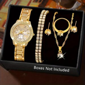 7pcs Women's Watch Set - Stylish Casual Quartz Wristwatch with Necklace, Bracelet, Ring, and Earrings Jewelry Set, Ideal for Birthday, Christmas, and New Year Gifts