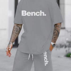 Digital Print Bench. Men's Summer Pattern Casual Two-Piece Set, Round Neck Short Sleeve T-Shirt and Drawstring Shorts with Pockets, Knit, Slight Stretch, Regular Fit Outdoor Sports Suit