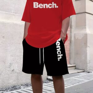 Digital Print Bench. Men's Summer Pattern Casual Two-Piece Set, Round Neck Short Sleeve T-Shirt and Drawstring Shorts with Pockets, Knit, Slight Stretch, Regular Fit Outdoor Sports Suit