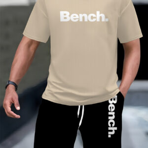 Digital Print Bench. Men's Summer Pattern Casual Two-Piece Set, Round Neck Short Sleeve T-Shirt and Drawstring Shorts with Pockets, Knit, Slight Stretch, Regular Fit Outdoor Sports Suit