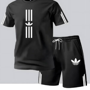 Men'S Casual Summer T-Shirt & Shorts Set - Navy Blue with White Stripes & Leaf Design, Breathable Polyester Blend, Regular Fit, Round Neck, Lightweight & Stylish for Casual Attire, Everyday Clothing | Trendy Casualwear | Polyester Blend