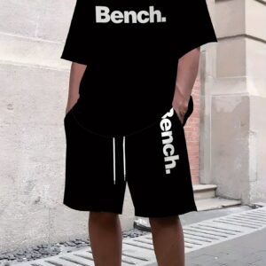 Digital Print Bench. Men's Summer Pattern Casual Two-Piece Set, Round Neck Short Sleeve T-Shirt and Drawstring Shorts with Pockets, Knit, Slight Stretch, Regular Fit Outdoor Sports Suit