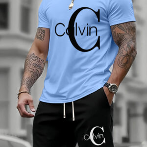 Men'S Summer T-Shirt Two-Piece Set with Calvin Print, Men'S Fashion Casual Short Sleeve Trendy Sweatshirt Versatile Outfit