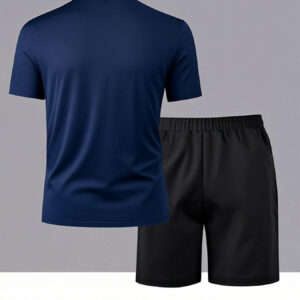 Men'S Casual Summer T-Shirt & Shorts Set - Navy Blue with White Stripes & Leaf Design, Breathable Polyester Blend, Regular Fit, Round Neck, Lightweight & Stylish for Casual Attire, Everyday Clothing | Trendy Casualwear | Polyester Blend