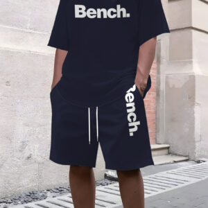 Digital Print Bench. Men's Summer Pattern Casual Two-Piece Set, Round Neck Short Sleeve T-Shirt and Drawstring Shorts with Pockets, Knit, Slight Stretch, Regular Fit Outdoor Sports Suit