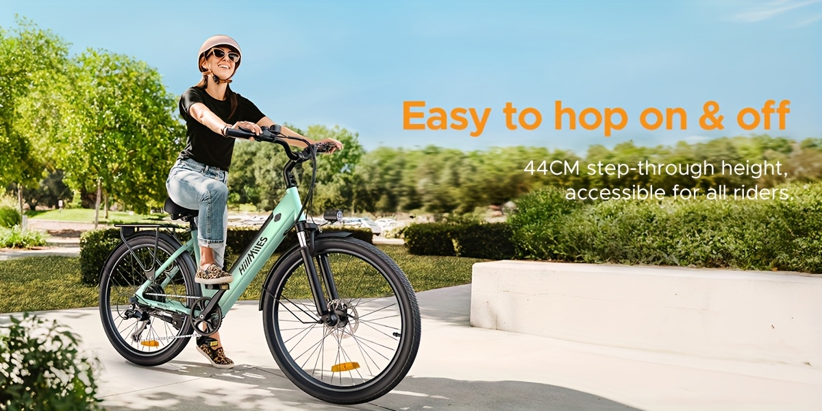 MileCity1 Step-Thru E-Bike with 250W Motor, 36V 13Ah Battery, 120KM Range, 25KM/H Speed, Front Suspension, 66.04cm x 4.95cm Tires, 7-Speed Gears & LED Display, Ideal for Urban Commuting and Long Comfortable Rides