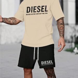 Men'S Diesel Graphic T-Shirt & Black Drawstring Shorts Set - "Because Electric Cars Can't Roll Cool" Print, Casual Summer Outdoor Wear, Modern Street Style, Comfortable Polyester Blend, Everyday Tshirt | Bold Print Tee | Stretchy Fabric