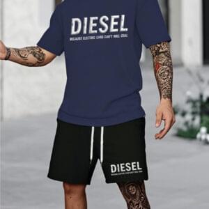 Men'S Diesel Graphic T-Shirt & Black Drawstring Shorts Set - "Because Electric Cars Can't Roll Cool" Print, Casual Summer Outdoor Wear, Modern Street Style, Comfortable Polyester Blend, Everyday Tshirt | Bold Print Tee | Stretchy Fabric