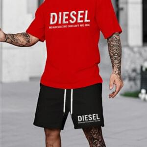 Men'S Diesel Graphic T-Shirt & Black Drawstring Shorts Set - "Because Electric Cars Can't Roll Cool" Print, Casual Summer Outdoor Wear, Modern Street Style, Comfortable Polyester Blend, Everyday Tshirt | Bold Print Tee | Stretchy Fabric