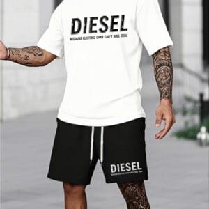 Men'S Diesel Graphic T-Shirt & Black Drawstring Shorts Set - "Because Electric Cars Can't Roll Cool" Print, Casual Summer Outdoor Wear, Modern Street Style, Comfortable Polyester Blend, Everyday Tshirt | Bold Print Tee | Stretchy Fabric