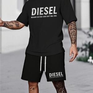 Men'S Diesel Graphic T-Shirt & Black Drawstring Shorts Set - "Because Electric Cars Can't Roll Cool" Print, Casual Summer Outdoor Wear, Modern Street Style, Comfortable Polyester Blend, Everyday Tshirt | Bold Print Tee | Stretchy Fabric