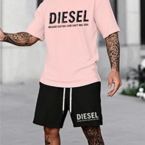 Men'S Diesel Graphic T-Shirt & Black Drawstring Shorts Set - "Because Electric Cars Can't Roll Cool" Print, Casual Summer Outdoor Wear, Modern Street Style, Comfortable Polyester Blend, Everyday Tshirt | Bold Print Tee | Stretchy Fabric